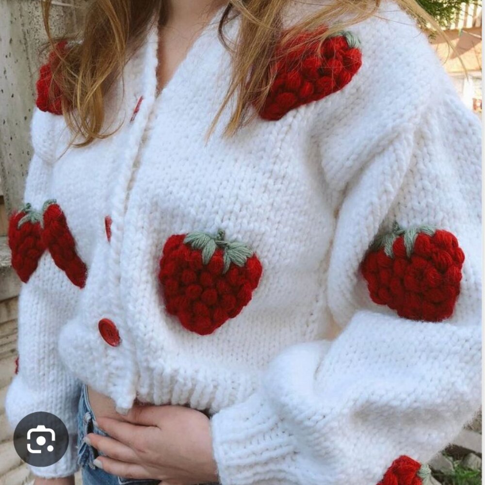Strawberry Red and White Hand-Knit Chunky Sweater Cardigan M